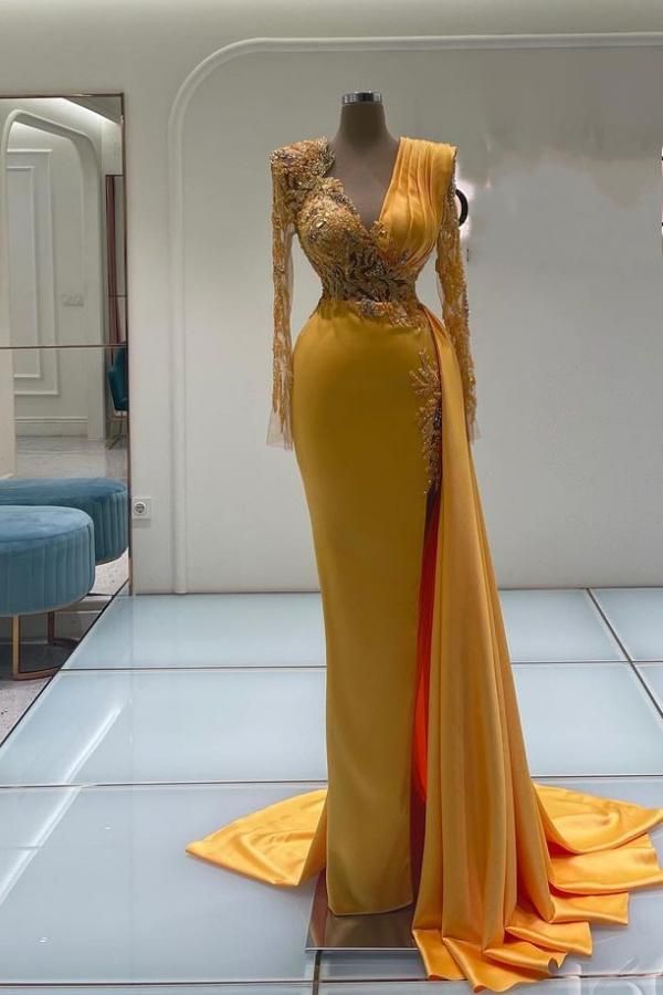 Gold Abendkleider Lang Glitzer | Abiballkleider mit Ärmel Mermaid Prom Dress With Sleeves, Mermaid Prom Dresses With Sleeves, Satin Mermaid Prom Dress, Prom Dress With Sleeves, Glitter Prom Dresses, Prom Dress With Train, Ruffle Prom Dress, Gold Evening Dresses, Mermaid Prom Dress