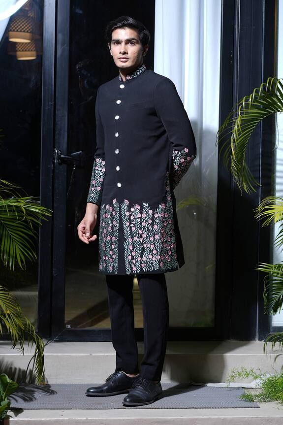 Black sherwani with floral thread, sequin, cutdana and applique embroidery. Paired with a pant. - Aza Fashions Black Sherwani, Mithila Palkar, Embroidered Sherwani, Sara Ali Khan, Kareena Kapoor Khan, Luxury Sale, Applique Embroidery, Shraddha Kapoor, Modern Bride