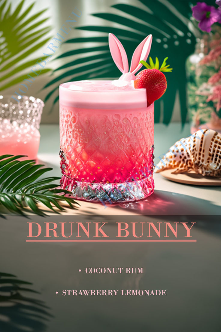 a pink drink sitting on top of a table next to palm leaves and other decorations