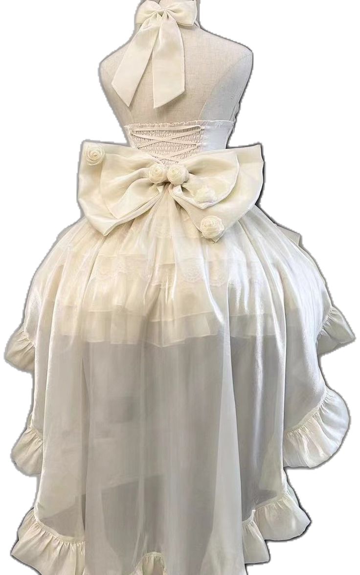 White Dresses With Detachable Bow, White Dresses With Voluminous Skirt For Garden Party, Spring Suspender Dress With Ruffles For Casual Wear, Sleeveless Dress With Ruffles And Voluminous Skirt, Tiered Party Dress With Bow, White Ruffled Suspender Dress For Spring, Cream Party Corset Dress With Ruffles, Cream Corset Dress With Ruffles For Party, Strapless Dress With Bow Straps For Spring