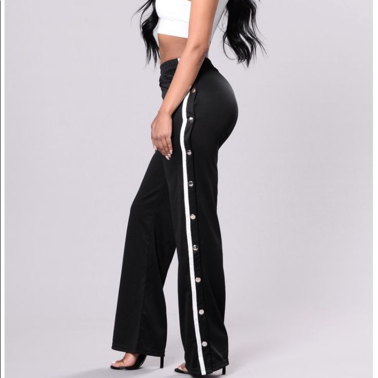 Track Pants That Have Snap Buttons On The Side. No Damages/Stains! Never Worn! Black High-waist Wide Leg Pants For Day Out, Black Trousers For A Day Out, High Waist Black Pants For Day Out, Black High Waist Pants For Day Out, Black Fitted Pants For Day Out, Fitted Black Pants For Day Out, Black Wide Leg Pants For Day Out, Fashion Nova Pants, Pants Color