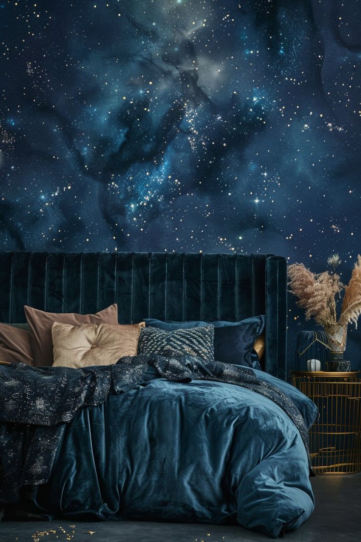 a bedroom with blue walls and stars in the sky above it, along with a large bed