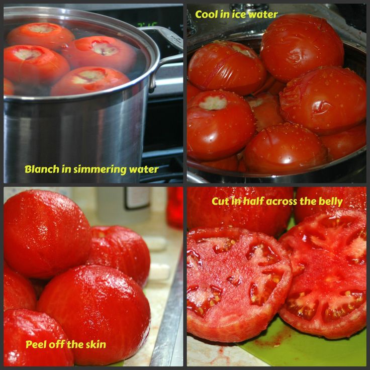 four pictures showing how to cook tomatoes in the oven and then put them in the pot