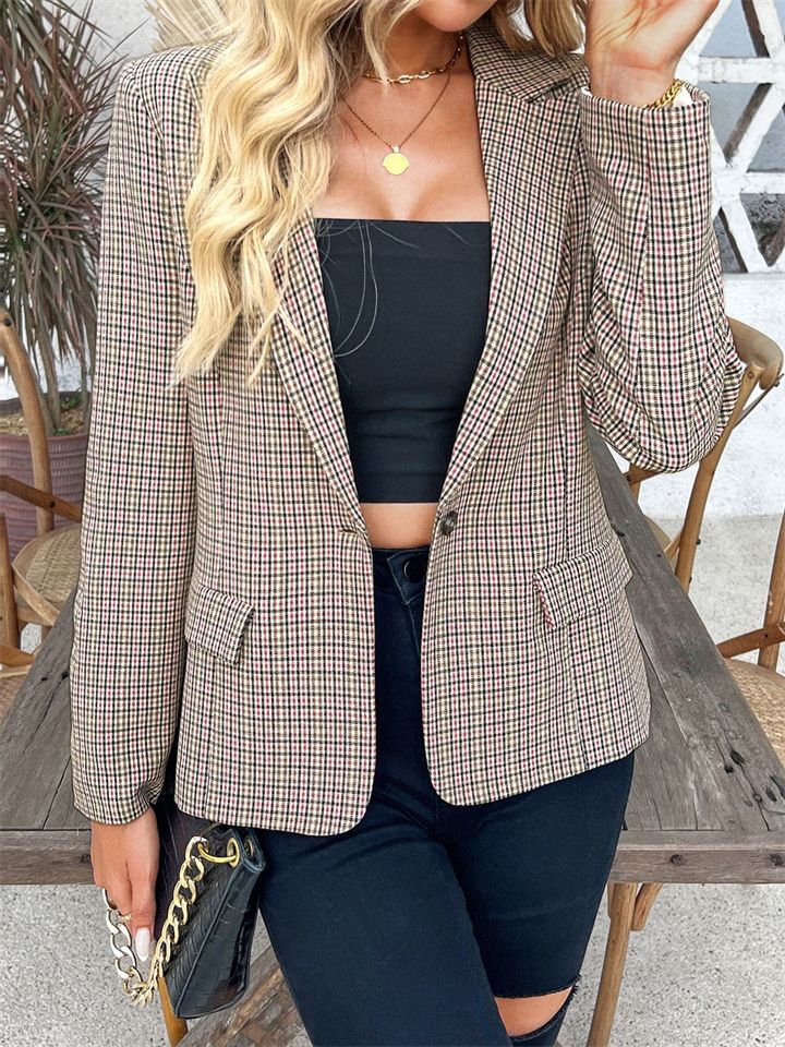 Pattern: bird checkColor: curry plaidProduct category: small suitSize:S,M,L,XLMain fabric content:50% (including)-70% (excluding)Neckline:V-neckSleeve: Regular SleeveLength:Regular(50cm Formal Jacket, Slim Suit, Business Formal, Plaid Shorts, Summer Shorts, Suits For Women, Suit Jacket, Jackets For Women, Plaid