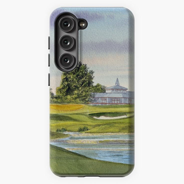 a phone case with a painting of a golf course and water in the foreground