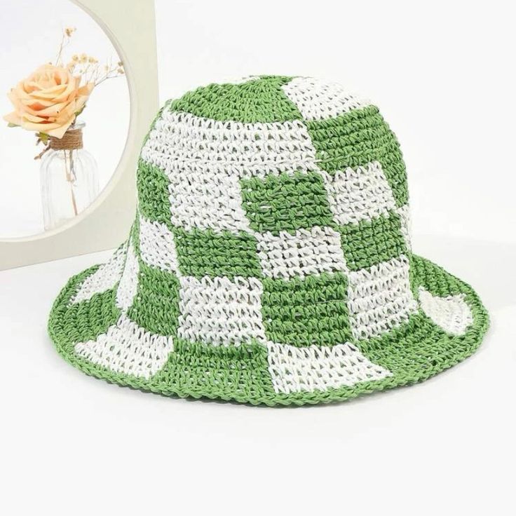 Never Worn Checkered Bucket Hat -Straw Green One Size Casual Bucket Hat, White Wide Brim Hat For Picnic, Adjustable White Hat For Picnic, Green Casual Bucket Hat One Size, White One Size Bucket Hat For Vacation, Trendy White Crochet Hat One Size Fits Most, Trendy White Crochet Hat, White Curved Brim Hat For Picnic, Trendy White Crochet Hat One Size