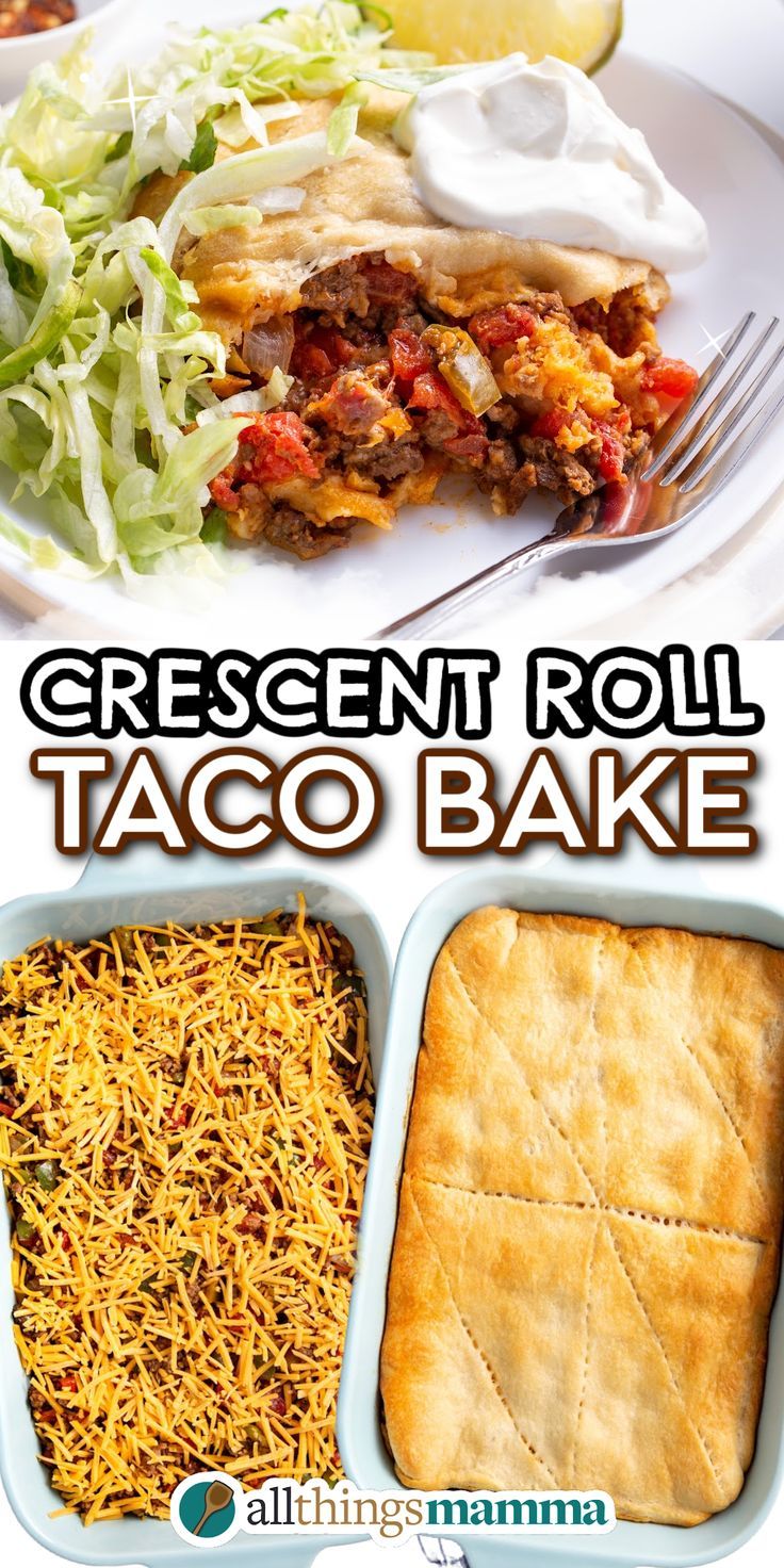 Crescent Roll Taco Bake social collage graphic Tacos With Crescent Rolls, Easy Taco Bakes, Crescent Roll Enchiladas, Crescent Roll And Hamburger Meat Recipes, Easy Dinners With Crescent Rolls, One Pan Taco Bake, Meal Ideas With Crescent Rolls, Easy Dinner For A Lot Of People, Taco Pizza With Crescent Rolls Pillsbury