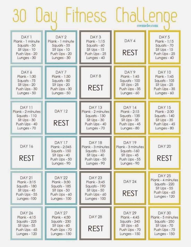 the 30 day fitness challenge is shown in blue and yellow, with words on it