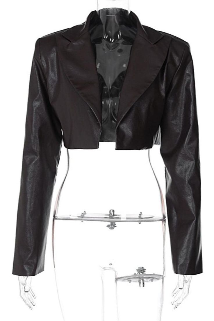 Experience the stylish and sophisticated look of our Suit Collar PU Crop Jacket. Made with a sleek and unique collar design, this jacket will elevate any outfit. The high-quality PU material adds durability and edge while the cropped style keeps you on-trend. Dress to impress with this must-have piece! Style Sexy & Club Fabric Type Blended fabrics , PU Material Polyester , Lanon , PU Neckline Suit Collar Pattern Type Solid Sleeve Length Full Season Spring / Autumn Fabric Non-Stretch Collared Cropped Jacket For Office In Fall, Trendy Cropped Outerwear For Formal Occasions, Trendy Fitted Leather Jacket With Lapel Collar, Trendy Fitted Cropped Jacket For Formal Occasions, Winter Cropped Fitted Faux Leather Jacket, Fitted Faux Leather Cropped Jacket For Winter, Fall Cropped Jacket With Suit Collar, Fitted Faux Leather Outerwear For Spring, Chic Fitted Faux Leather Outerwear