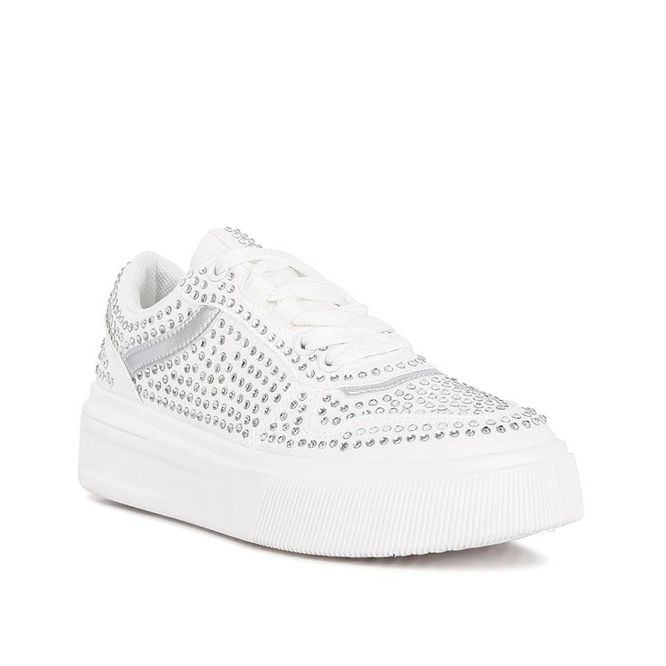 London Rag-Eloise Platform Sneaker Touch up an every day look with the Eloise sneaker from London Rag. This platformed pair sports rhinestone detailing and extra dash of sparkle, catching the eye with each step. Streetwear Lace-up Sneakers With Rhinestone Rivets, Casual Low-top Sneakers With Rhinestones, Trendy Low-top Sneakers With Rhinestones, Trendy Low-top Rhinestone Sneakers, Casual Sneakers With Rhinestones For Streetwear, Trendy Rhinestone Low-top Sneakers, Casual Platform Sneakers With Rhinestones, Sporty High-top Sneakers With Rhinestones, Casual Low-top Platform Sneakers With Rhinestones