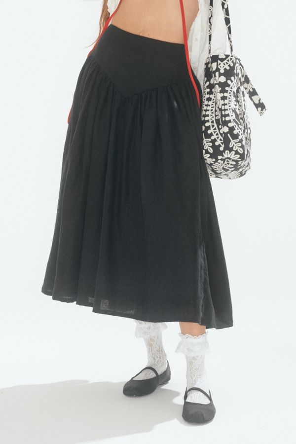 Eliza Faulkner Lucille Linen Skirt - Black Black Cotton Midi Bottoms, Black Cotton Midi-length Bottoms, Knee-length Black Skirt For Daywear, Black Cotton Knee-length Skirt, Black Knee-length Cotton Skirt, Black Midi Length Gathered Skirt, Black Midi Skirt For Daywear, Black Cotton Flared Skirt, Black Midi-length Bottoms With Pockets