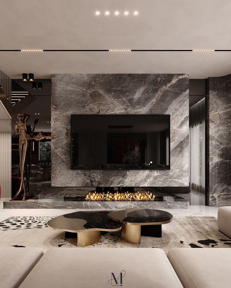 a modern living room with marble walls and flooring, fireplace in the center area