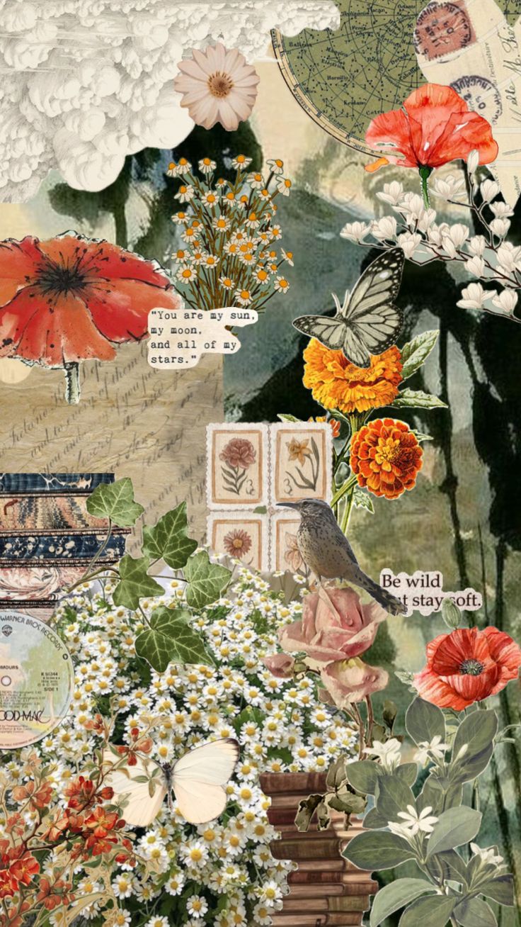 a collage of flowers and pictures with words on them