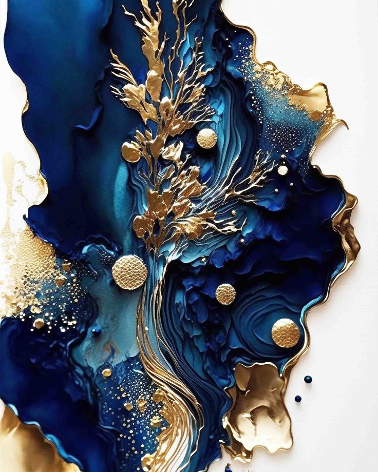 blue and gold art work on white paper