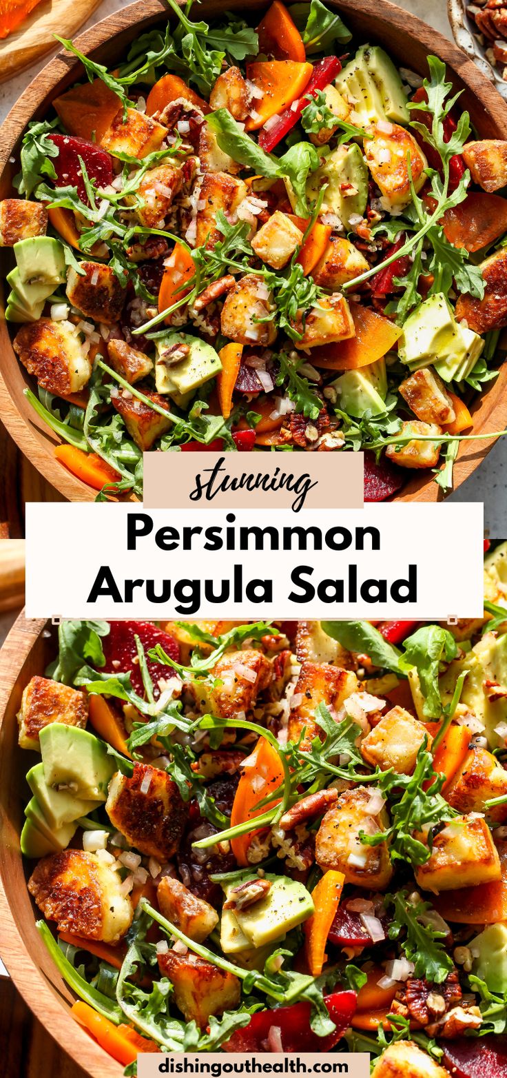 two wooden bowls filled with salads and the words, sharing persimmon arugula salad