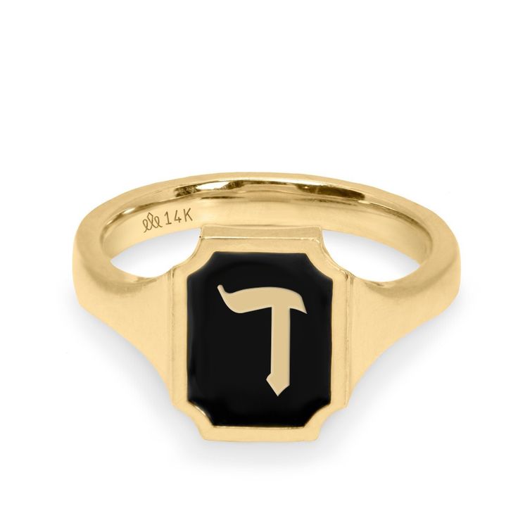 The perfect gift for yourself or loved ones, the Tom ring captivates the eye with its gleaming rich black enamel with a Hebrew letter of your choosing. Our contemporary collection of the Hebrew alphabet, handcrafted by our Hotcrown team, is inspired by the blend of ancient and modern Jewish culture. This harmonious collection represents perpetuity, refinement, empowerment, and originality. Any gold Hebrew letter stuns on your finger effortlessly catching the light. All features can be customized! Please contact us if you wish to make changes, we love making custom designs. All of our jewelry is carefully handmade in our atelier. *HC diamond are all conflict-free diamonds To order by phone 972-72-2991000 Black 14k Gold Engraved Ring For Anniversary, Timeless Yellow Gold Enamel Ring Gift, 14k Gold Black Enamel Ring For Anniversary, Classic Enamel Ring As Gift, Classic Enamel Ring Gift, Black Symbolic Jewelry For Promise, Personalized Black Enamel Jewelry, Classic Gold Enamel Signet Ring, Black 14k Gold Engraved Signet Ring