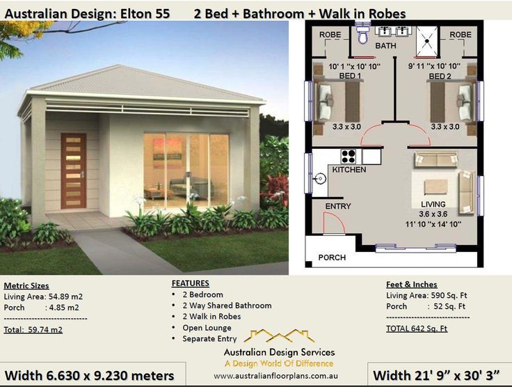 two bedroom house plan with 2 bathrooms and an attached garage for the living room area