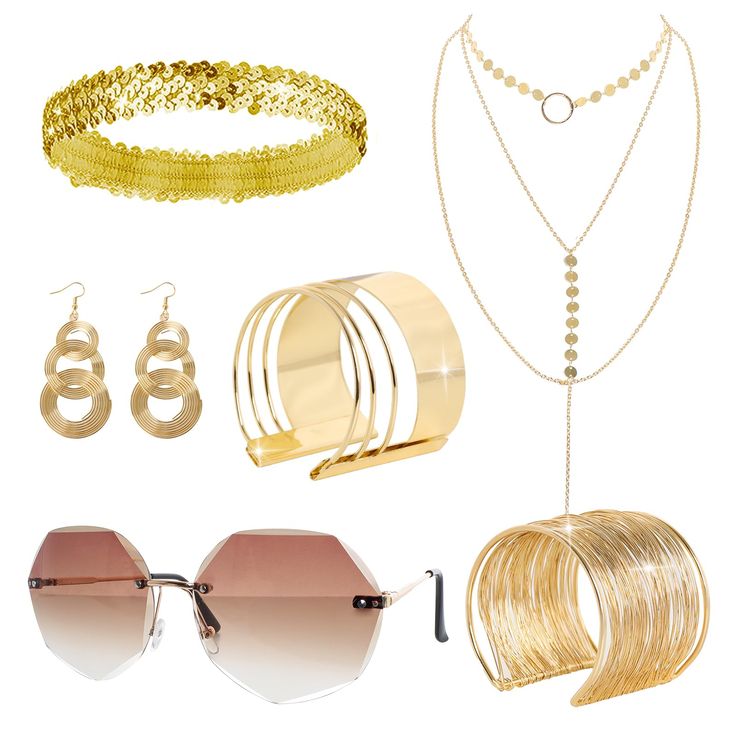 PRICES MAY VARY. 70s Disco Accessories Set: This disco accessories women set includes 1 layered necklace, 1 pair of rimless diamond cut sunglasses, 2 different styles of gold bracelets, 1 pair of disco dangling earrings, 1 sequin hair band, plenty of quantity, delicate and elegant appearance, fully able to meet the needs of attending all kinds of disco parties and daily matching. High Quality Material: This 70s jewelry for women set are made of high quality metal and plastic and other materials, 70s Jewelry Disco, Disco Accessories, Disco Parties, Diamond Glasses, Sequin Hair, Disco Costume, 1970s Disco, 70s Jewelry, Bracelets Diamond