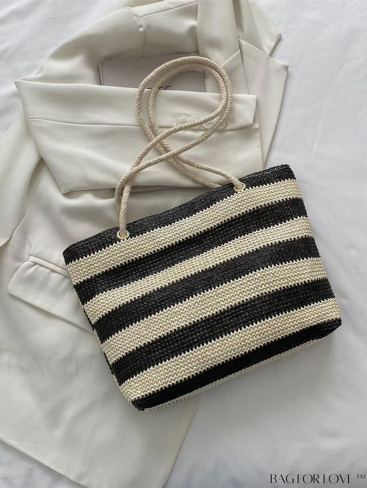 BagForLove - Chic Striped Twilly Scarf Accentuates Trendy Straw Bag Product Description Color Black and White Strap Type Double Handle Bag Size Small Pattern Type Striped Style Vacation Type Straw Bag Material PP Size Chart INCH CM Bag Length Bag Width Bag Height Handle Height 13 inch 3 inch 9.1 inch 12.2 inch Bag Length Bag Width Bag Height Handle Height 33 cm 7.5 cm 23 cm 31 cm Details Pictures Similar Products h2 { text-align: center; } /* æ¢è¡ */ li{ white-space: normal; word-break: break- Casual Black Shoulder Bag For Shopping, Trendy Black Crochet Bag, Trendy Black Crochet Bag For Vacation, Trendy Black Summer Bag, Trendy Black Bag For Summer, Black Straw Bag For Spring Vacation, Casual Black Tote Shoulder Bag, Trendy Black Bags For Summer, Black Casual Handheld Shoulder Bag