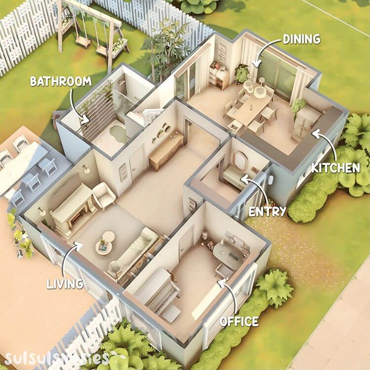 an aerial view of a house with all the rooms labeled