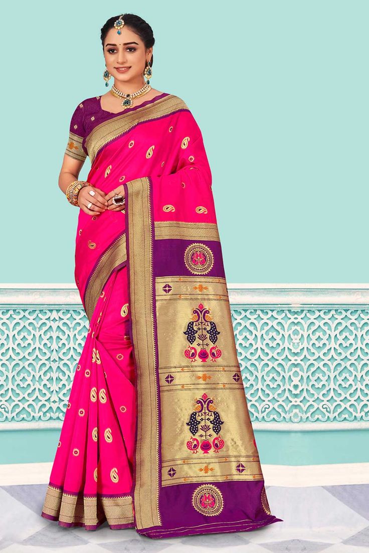 Product Features: Saree: Saree as seen in picture - Choose the drape style while order: Standard, Pleated or Gujarati Saree Color: Magenta Saree Fabric: Paithani Silk Blouse: Please choose the selection "As seen in picture" or customize your selection Blouse Color: Purple Blouse Fabric: Paithani Silk Wash: Dry Clean Occasion: Festive Disclaimer: There will be slight difference in digital to actual image Bollywood Style Paithani Silk Pre-draped Saree For Puja, Traditional Pre-draped Paithani Silk Saree, Festival Paithani Silk Choli With Traditional Patterns, Festival Choli With Pallu And Traditional Drape, Choli With Pallu For Festivals In Traditional Drape, Bollywood Style Paithani Silk Pre-draped Saree With Motifs, Bollywood Style Pre-draped Paithani Silk Saree With Motifs, Navratri Bollywood Style Traditional Wear, Traditional Drape Paithani Silk Saree With Pallu