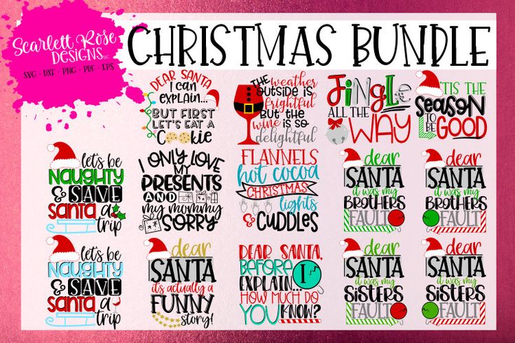 the christmas bundle is displayed on a pink background with red, green and white lettering