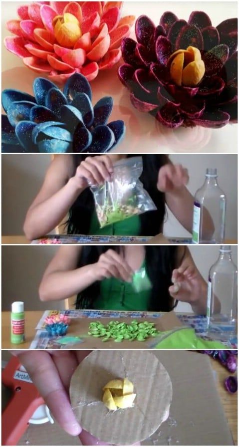 the process of making paper flowers is shown in three different pictures, including one being made from