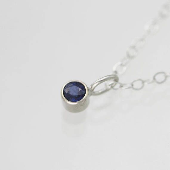 Sapphire Drop Necklace in 14k White Gold (16") Minimalist White Gold Solitaire Necklace With Gemstone, Dainty Sterling Silver Necklace With Bezel Setting, Everyday Sterling Silver Birthstone Necklaces, Sterling Silver Birthstone Necklaces For Everyday Wear, Everyday Minimalist Pendant Birthstone Necklace, Sterling Silver Sapphire Birthstone Necklace, Dainty Silver Solitaire Necklace In 14k Gold, Sterling Silver Necklace With Bezel Setting For Everyday, Nickel Free Round Stone Minimalist Jewelry