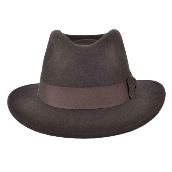 Classic Mens Fedora Hat | Authentic 1940s Look Dark Brown Pure Wool Fedora HatDark brown pure wool forties style fedora or large trilby which has a matching grosgrain hat band with flat bow.Perfect head wear for vintage celebration events such as Goodwood revival and Pickering.Size chart measurements are circumference inside the hat.MeasurementsSmall 55cm (21 1/2 inch)Medium 57cm (22 1/2 inch)Large 59cm (23 1/4 inch)X Large 61cm (24 inch)Crown Height 12cm (4 1/2inch)Brim Width 2.5" / 6.45cmIf yo Brown Fedora For Kentucky Derby And Formal Occasions, Classic Brown Hat Bands For Kentucky Derby, Brown Fitted Fedora For Kentucky Derby, Brown Western Top Hat For Formal Occasions, Brown Western Style Top Hat For Formal Occasions, Classic Brown Top Hat For Formal Occasions, Classic Six-panel Hat, Classic Brown Formal Top Hat, Classic Brown Top Hat For Kentucky Derby