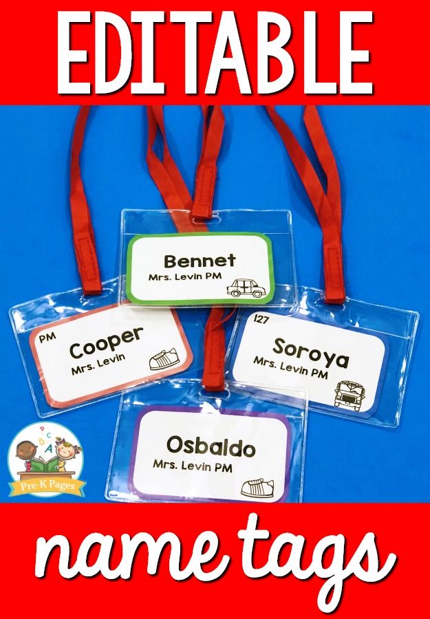 three name tags with the words editable in red and green, on blue background