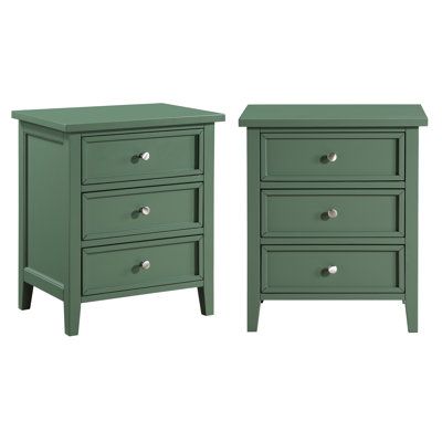 two green nightstands side by side against a white background, each with one drawer open and the other closed