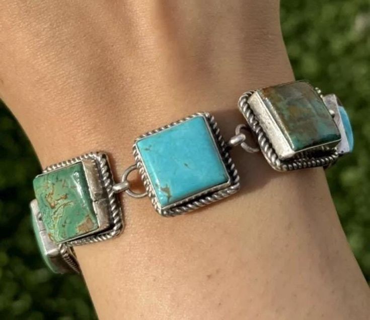 Native American Sterling Silver Blue Green Turquoise Link Bracelet. Artist: C Yazzie Weight: 42 grams Width: 0.75 inch Length: 7 inch Best Offers Accepted! Southwestern Sterling Silver Green Bracelets, Vintage Turquoise Bracelets With Inlay, Unique Nickel-free Turquoise Bracelet, Unique Turquoise Nickel-free Cuff Bracelet, Vintage Nickel-free Turquoise Cuff Bracelet, Green Turquoise, Link Bracelets, Blue Green, Cuff Bracelets