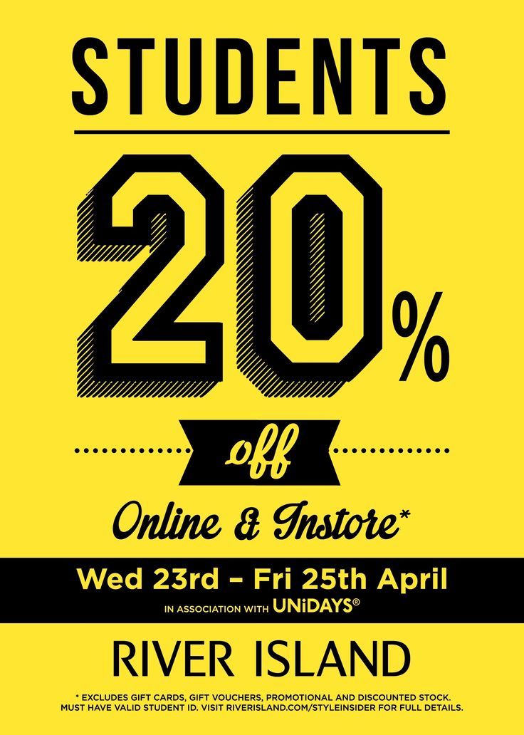 a yellow and black poster with the words students 20 % off online & insite