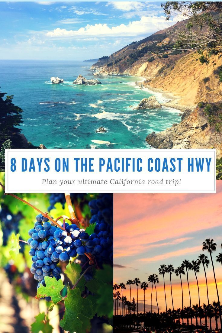 the pacific coast with palm trees, blue water and mountains in the background text reads 8 days on the pacific coast hwy plan your ultimate california road trip