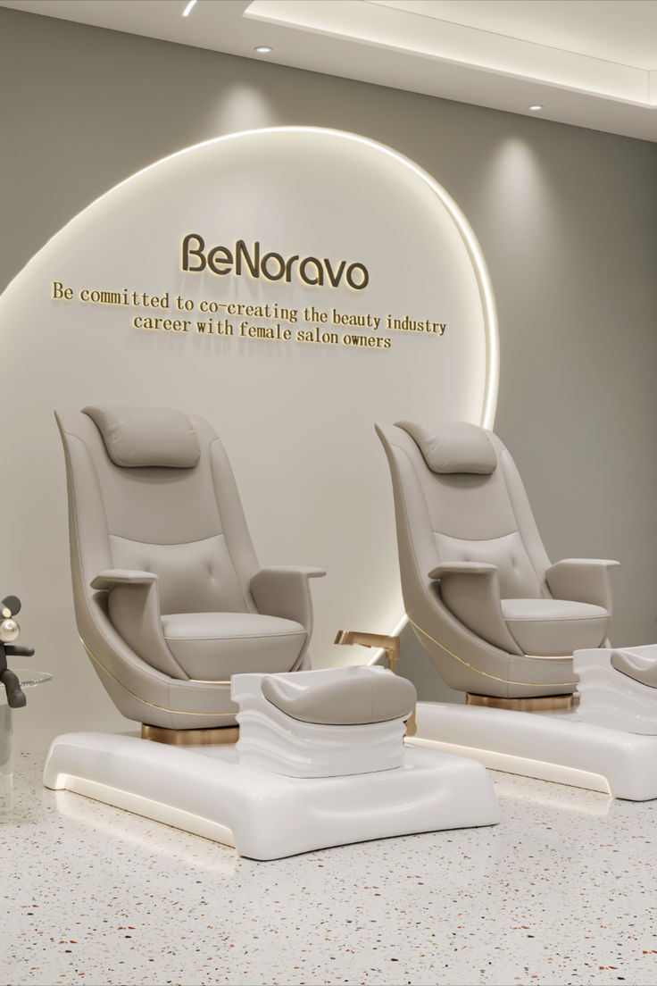 three white chairs sitting on top of a counter in front of a sign that says benoravo