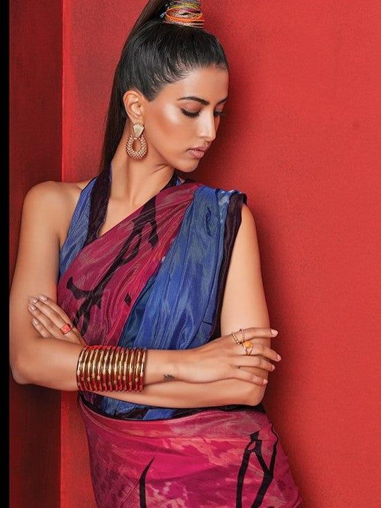 Vomika Silk Digital Print Saree. Soft easy to wear high quality silk fabric Comes with unstitch blouse fabric Drape yourself in Vomika Silk Digital Print Saree. Experience bold prints and silky smooth fabric in this one-of-a-kind saree. Elevate your style and make a statement with this unique and playful piece. Fusion Style Silk Pre-draped Saree With Cutdana, Multicolor Silk Pre-draped Saree With Zari Work, Fusion Style Silk Pre-draped Saree With Traditional Drape, Fusion Style Silk Pre-draped Saree, Fusion Silk Saree With Sheer Dupatta, Fusion Style Silk Saree With Sheer Dupatta, Fusion Style Pre-draped Saree With Pallu, Fusion Style Pre-draped Saree With Zari Work For Diwali, Fusion Style Pre-draped Saree With Traditional Drape