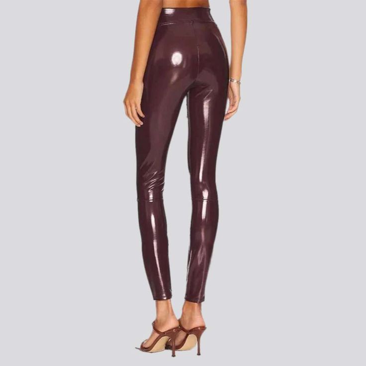 Welcome to the future of denim modern with our 2023 Autumn-Winter Collection's Latex Shiny Women's Denim Pants. Y2K style! These high-waisted. skinny-form pants are designed to make a statement. crafting an unforgettable look with a blend of the Y2K iconic trend and couture fashion ethos.Why You'll Fall In Love Y2K Inspired: This pair of denim pants captures the essence of the millennial modern scene a perfect combination of youthful exuberance and everlasting sophistication. Shiny Latex Coating Sleek Fitted Shiny Leggings, Shiny Stretch Bottoms For Fall, Sleek Stretch Shiny Pants, Trendy Non-stretch Full-length Leather Pants, Fitted Leather Pants For Streetwear, Fall Shiny Stretch Bottoms, Trendy High Rise Winter Pants, Sleek Fitted Shiny Bottoms, Sleek Slim Fit Mid-rise Bottoms