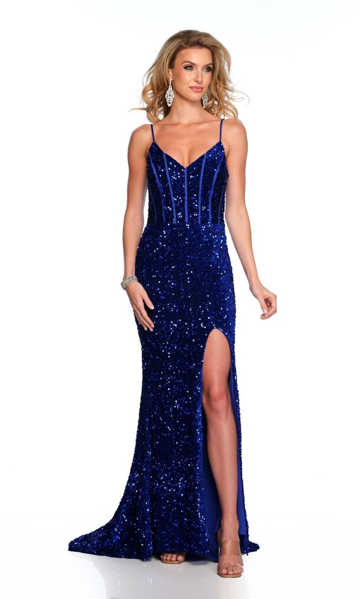 Royal blue fitted sequin formal long dress with v-neckline. Fitted Evening Gown With Contrast Sequin, Fitted Gala Evening Dress With Contrast Sequin, Fitted Contrast Sequin Evening Dress For Gala, Fitted Contrast Sequin Gown For Prom, Sequined V-neck Gown For Prom, V-neck Sequin Prom Dress, Fitted V-neck Sequin Dress For Prom, Fitted Sequin V-neck Prom Dress, Fitted V-neck Sequin Prom Dress