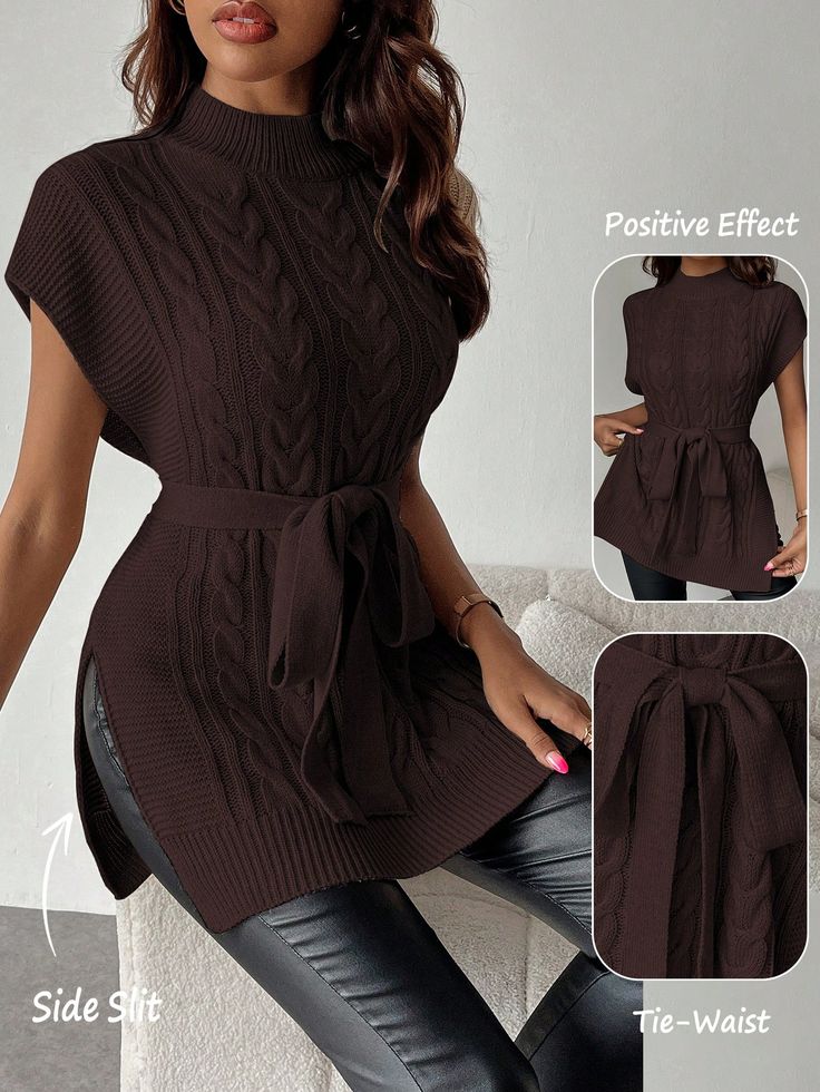 High Collar Split Waist Belt Elegant Sleeveless Sweater Vest Chocolate Brown Casual   Fabric Plain  Medium Stretch  Women Clothing, size features are:Bust: ,Length: ,Sleeve Length: Ärmelloser Pullover, Sweater Vest Outfit, Sleeveless Sweater Vest, Sweater Vest Women, Opaque Tights, Sleeveless Vest, Sleeveless Sweater, Kids Beachwear, Knitwear Women