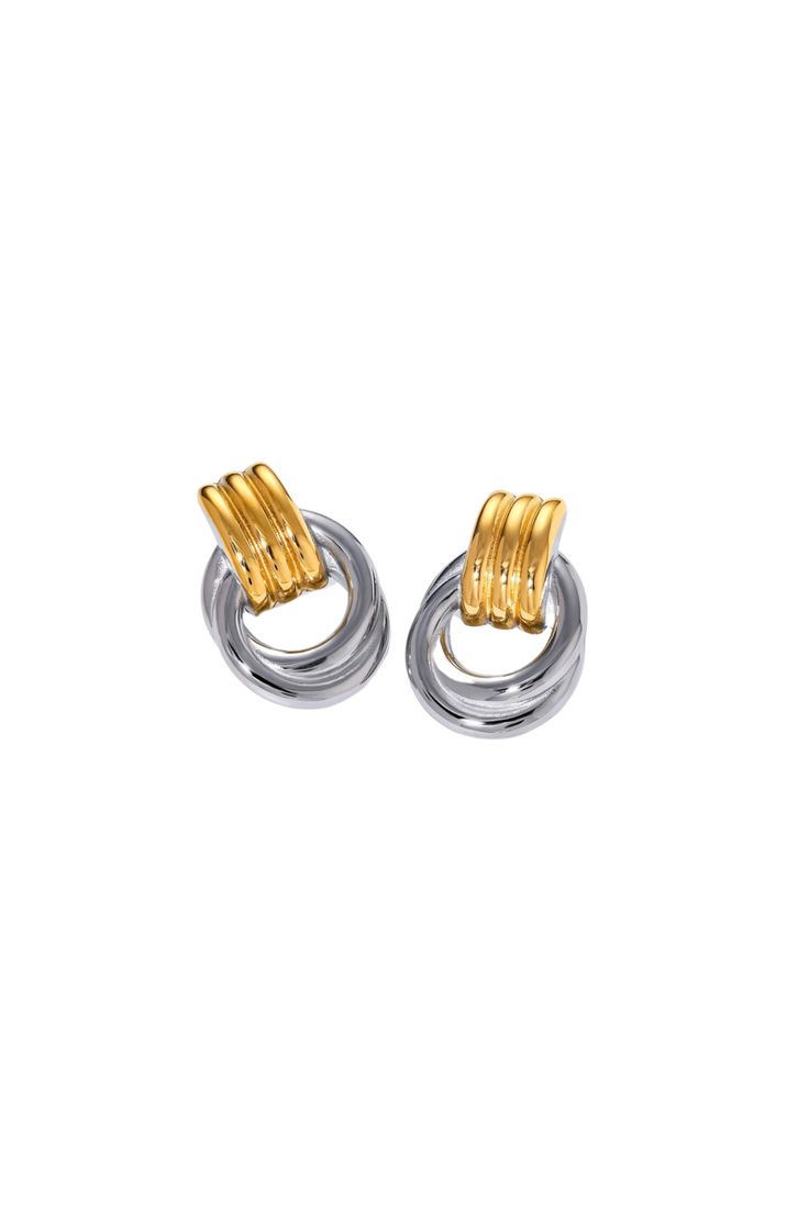 Introducing Odette - the perfect addition to your collection. These mixed metal knot stud earrings are not only affordable and waterproof, but also on-trend. Make a statement without breaking the bank! *available in silver and gold* MATERIALS: 18k PVD Gold Plated, Stainless Steel Mix Metal Earrings, Gold And Silver Earrings Mixing, Knot Stud Earrings, Mixed Metal Earrings, Knot Studs, Knot Earrings, Bar Accessories, Mixed Metals, The Bank