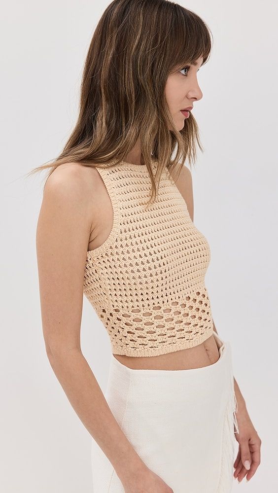 A.L.C. Brayden Top | Shopbop Beige Open Knit Crop Top For Summer, Chic Open Knit Crochet Top For Summer, Beige Hollow Out Tops For Summer, Beige Hollow Out Summer Top, Beige Hollow Out Top For Summer, Sleeveless Pointelle Knit Tank Top For Beach, Pointelle Knit Sleeveless Tank Top For Beach, Pointelle Knit Tank Top For The Beach, Cotton Open Knit Crochet Top For Summer