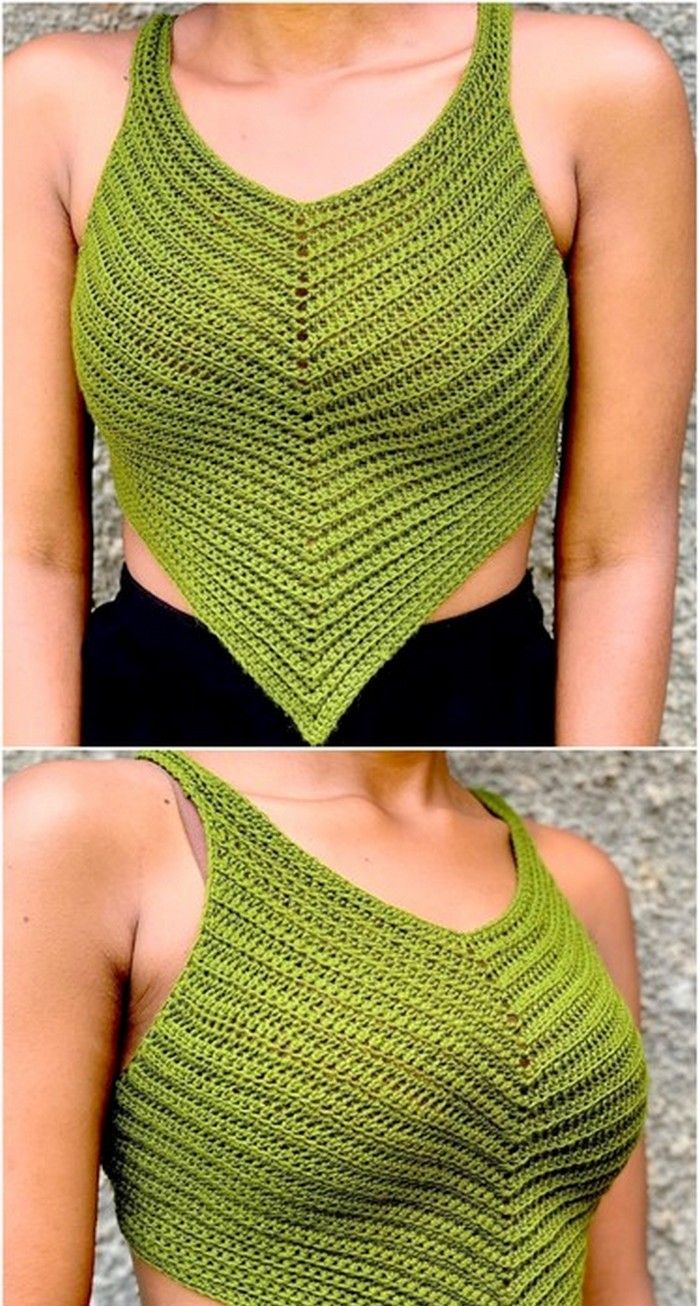 two pictures of a woman wearing a green knitted tank top with holes in the back