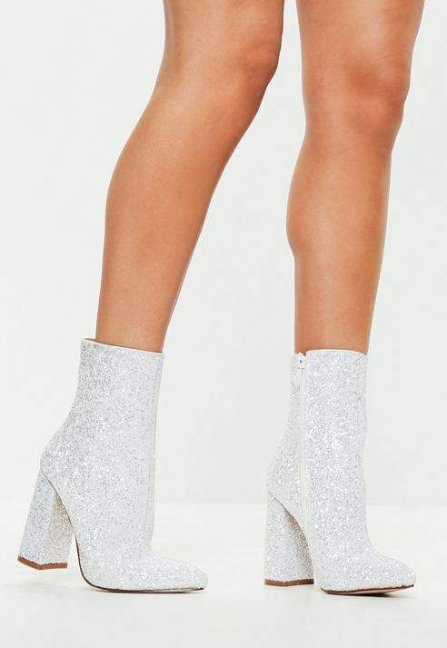 White Flared Heel Glitter Ankle Boots, White White Heeled Boots, Glitter Ankle Boots, White Heel Boots, White Ankle Boots, Dr Shoes, Glitter Boots, Fancy Shoes, Cute Heels, Girly Shoes