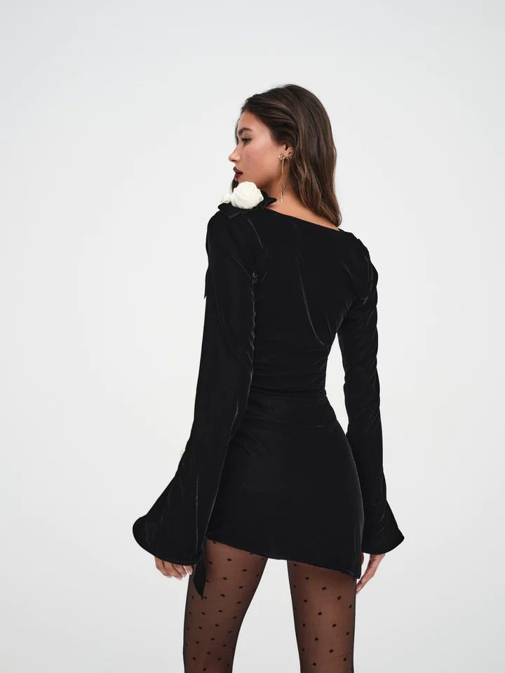 Tamera Mini Dress | For Love & Lemons Fall Velvet V-neck Dress For Night Out, V-neck Bodycon Mini Dress For Dinner, Glamorous Black V-neck Dress, Chic V-neck Mini Dress For Evening, Chic V-neck Mini Dress For Night Out, Glamorous Velvet Evening Dress For Party, Black V-neck Bodycon Dress For Evening, Velvet Dress For Night Out During Party Season, Velvet Dress For Night Out