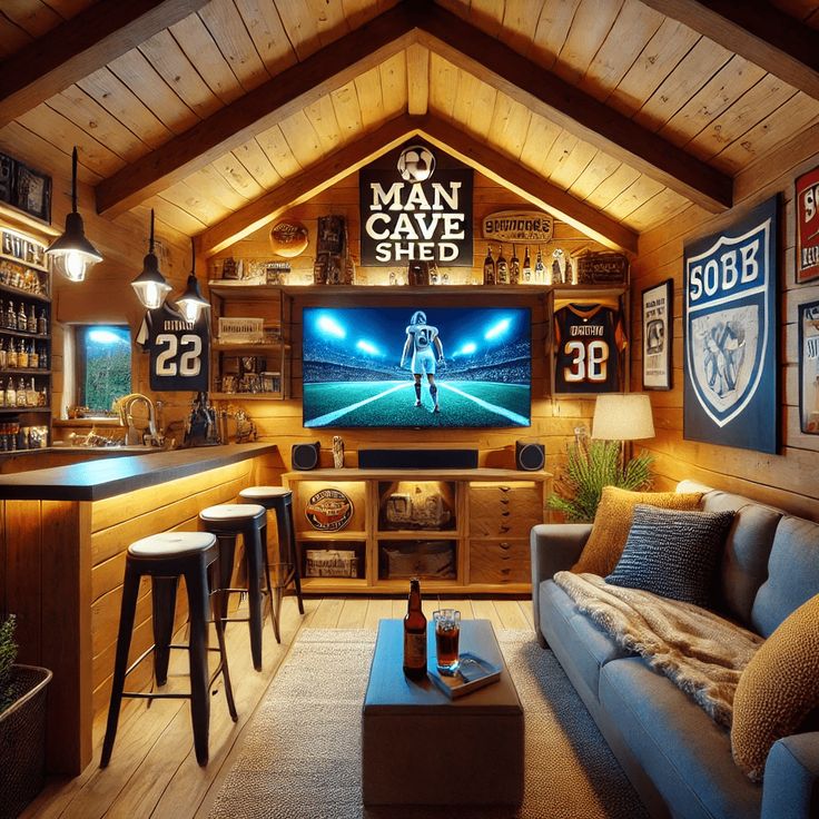 a man cave with couches, bar stools and a large screen tv on the wall