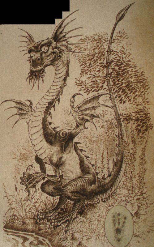 a drawing of a dragon sitting on the ground