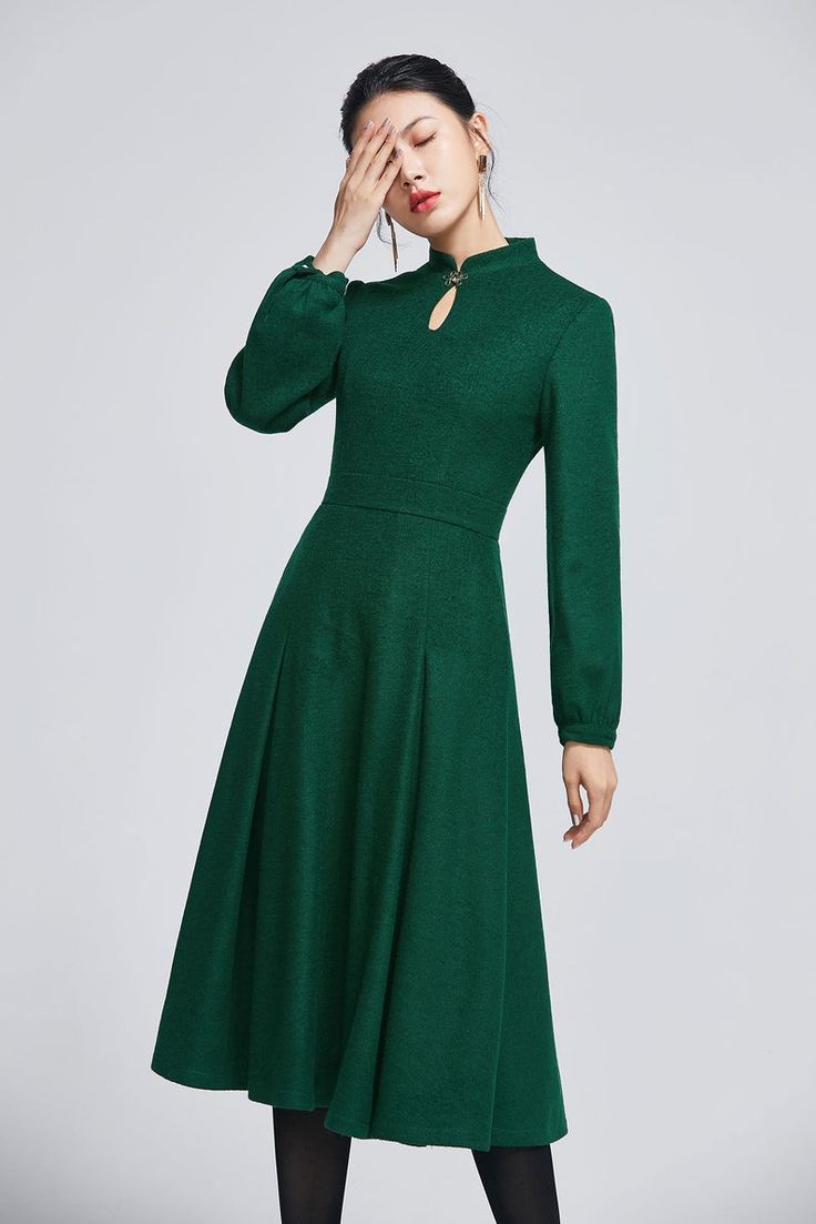 Winter wool dress vintage green dress for women Midi dress | Etsy Green A-line Winter Dress, Green Maxi Evening Dress For Winter, Elegant Green Dress With Stand Collar, Green A-line Midi Dress For Winter, Elegant Green Fall Dress, Elegant High Neck Winter Dress, Elegant Green Dress For Fall, Elegant Green Dresses For Fall, Green Formal Winter Dress