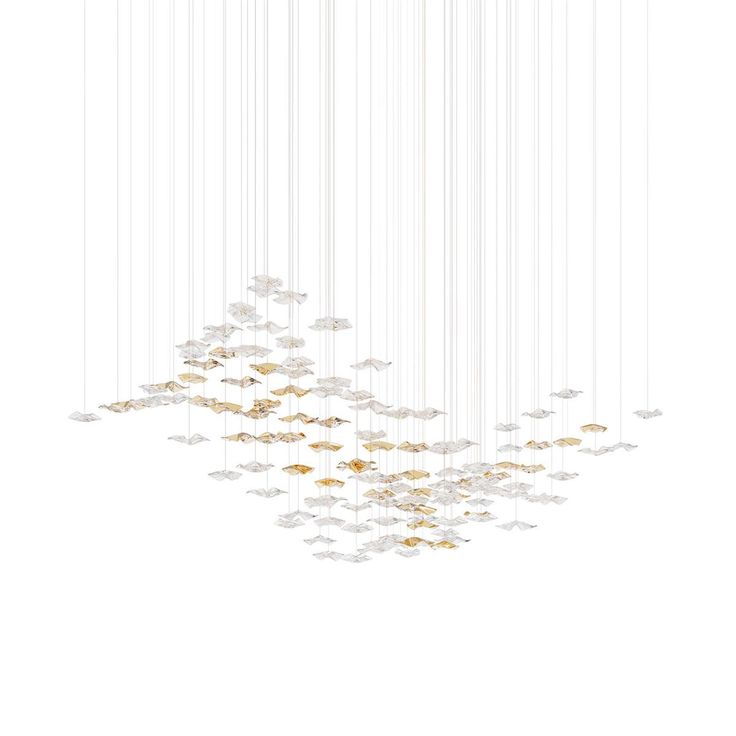 a white and gold chandelier hanging from the ceiling with lots of butterflies on it