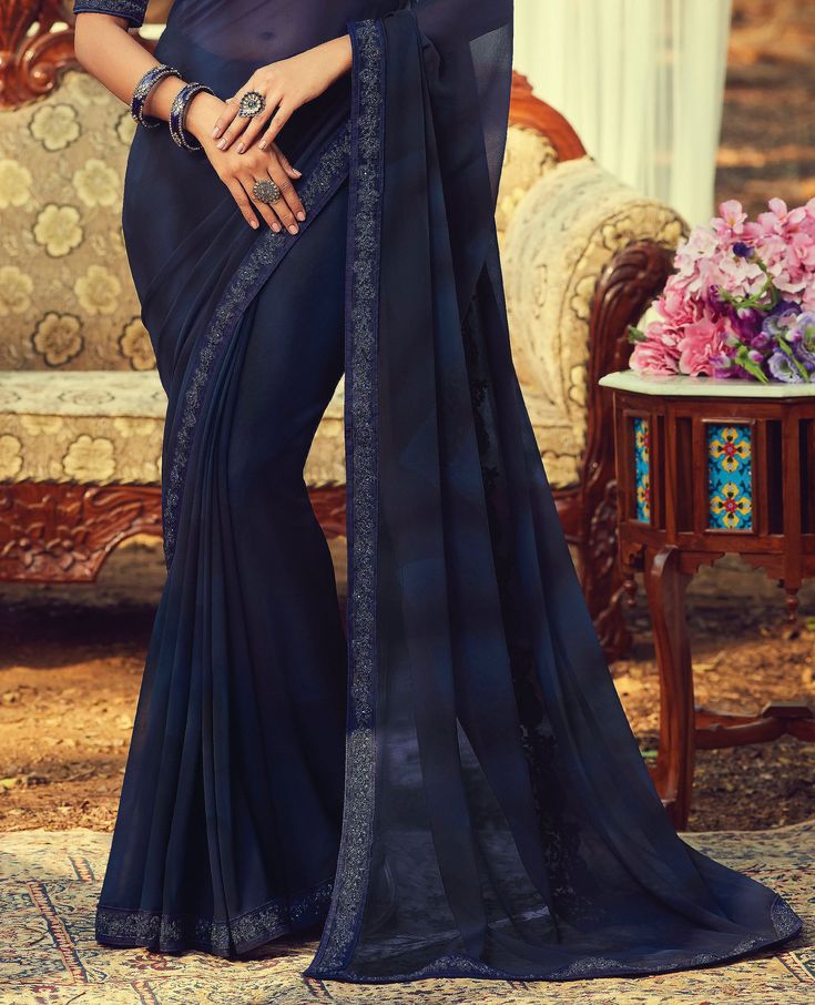 Navy Blue Designer Embroidered Georgette Party Wear Saree-Saira's Boutique Navy Blue Saree, Saree Georgette, Resham Embroidery, Dresses Traditional, Party Sarees, Simple Sarees, Party Wear Saree, Indian Dresses Traditional, Georgette Blouse