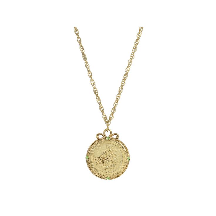 This gold tone pendant necklace from 1928 showcases each flower of the month and is the perfect accessory for anyone with a sense of style. This gold tone pendant necklace from 1928 showcases each flower of the month and is the perfect accessory for anyone with a sense of style. NECKLACE DETAILS Pendant size: 1.5 in. Chain length: 20 in. Clasp: lobster-claw Metal: alloy Plating: gold tone Finish: polished Not appropriate for children 14 years old and younger. Size: One Size. Color: Green. Gender Vintage May Birthstone Necklace Gift, Gold Engraved Charm Necklace For May Birthstone, Gold Jewelry With Flower Charm For May Birthstone, Gold Engraved Necklace For May Birthstone, Vintage Yellow Gold Charm Necklaces With Round Pendant, Vintage Yellow Gold Round Pendant Charm Necklaces, Antique Gold Jewelry With Flower Charm, Gold Flower Pendant Necklace For May Birthstone, Vintage Medallion Jewelry With Flower Charm